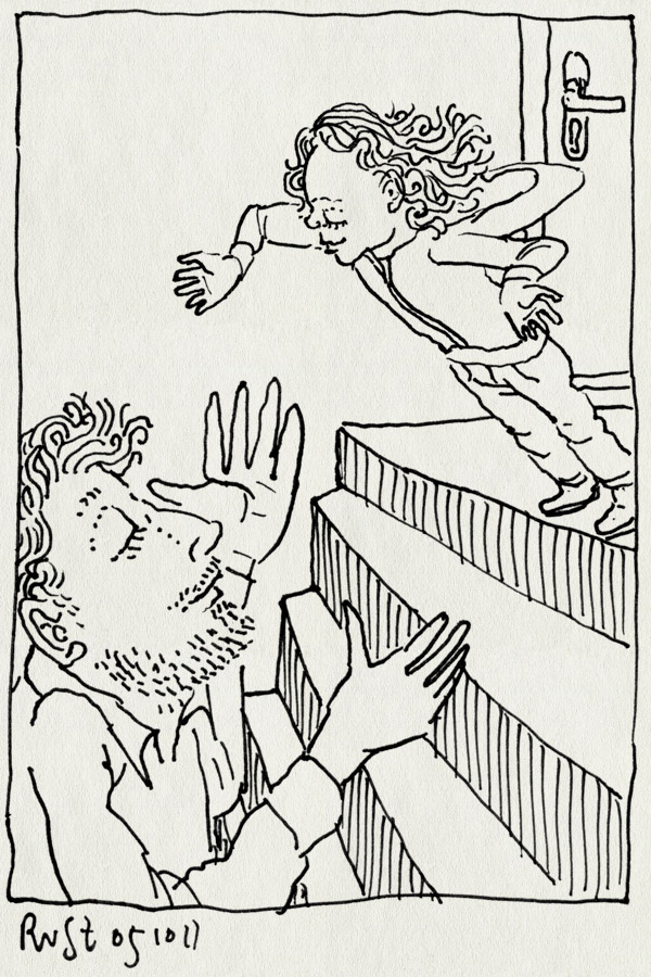 tekening 1595, alwine, gevaarlijk, springen, trap, vallen, zonder angst
