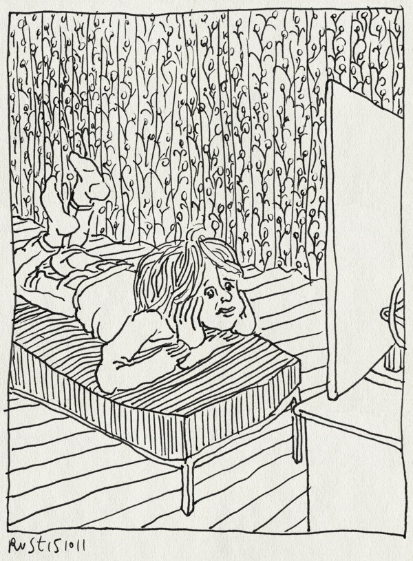 tekening 1605, gekluisterd, gordijn, kijken, midas, televisie, tv kijken