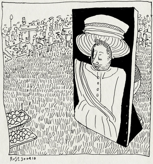 tekening 1079, bea, beatrix, eieren gooien, gat, hoofd, koninginnedag, park, queensday, vrijmarkt