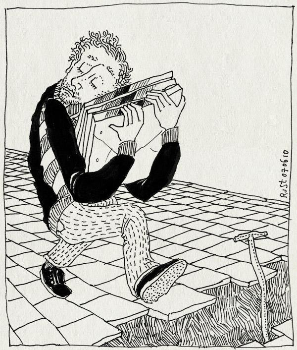 tekening 1117, kuil straat, pizza, pizzadozen, sand, schep, schop, shovel, spade, stoep, stoeptegels, tegels, tiles, wegwerkzaamheden, werk in uitvoering, zand