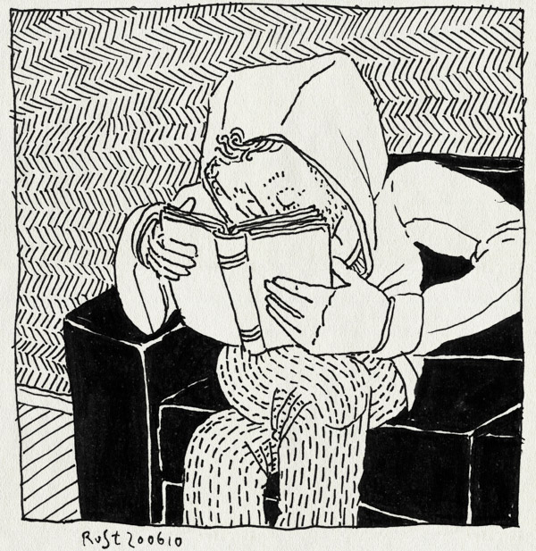 tekening 1130, bank, boek, book, capuchontrui, hoodie, lezen, literatuur, verstripping, verzonken