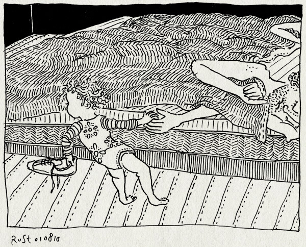 tekening 1172, alwine, bed, dwingeland, early, hup, morning, nachtrust, ochtend, schoen, slapen, trekken, uit bed, vroeg