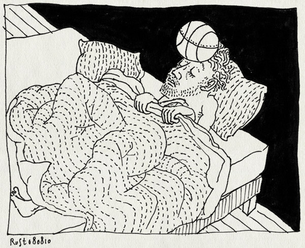 tekening 1179, basketball, bed, dekbed, dekens, headache, hofdpijn, ill, koppijn, ziek