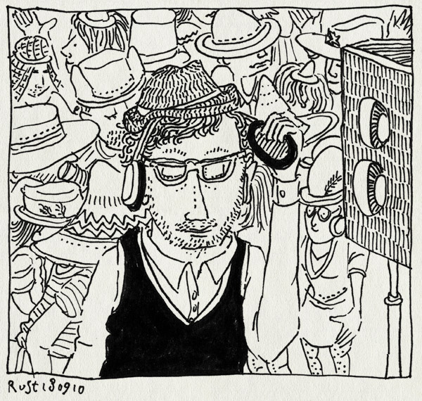 tekening 1220, box, chapeau, dilemma, feest, hat, hats, hoed, hoeden, joost, nh49, party, silent disco, speaker, stille disco