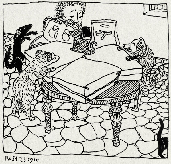 tekening 1225, 2010, aankomst, bagage, cats, dogs, honden, katten, koffers, luggage, orgiva, spain, spanje, suitcases, vakantie