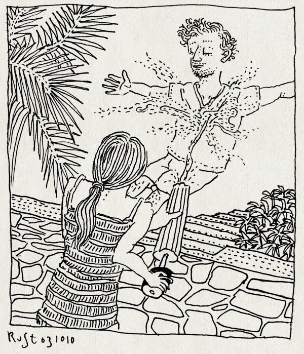 tekening 1235, 2010, alpujarra, la cenicera, martine, spain, spanje, spuitermannen, terras, vakantie, watergevecht