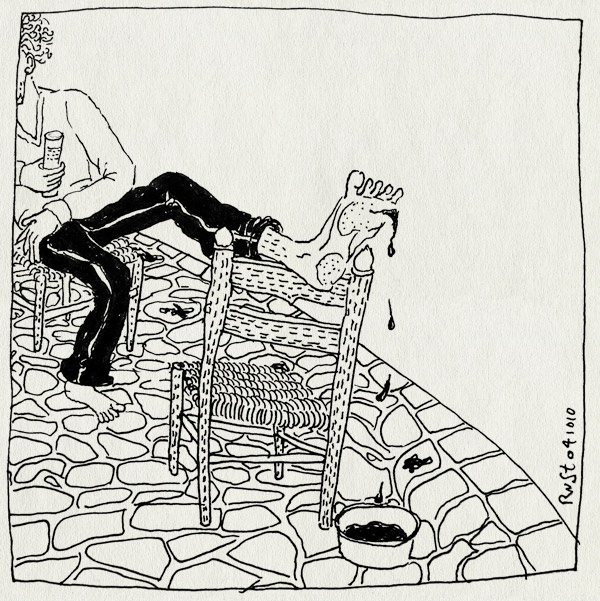 tekening 1236, 2010, afscheid, alpujarra, bleeding, bloed, bloeden, kluns, la cenicera, ongelukje, slachten, spain, spanje, terras, vakantie, voet