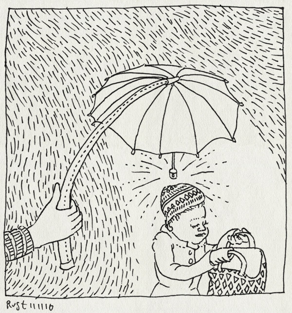 tekening 1274, alwine, buiten, lampion, lichtje, paraplu, regen, sint maarten, sintmaarten, storm, tas