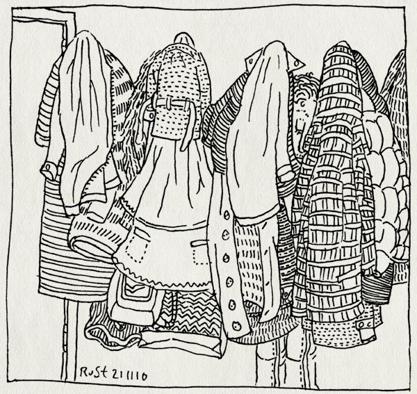 tekening 1284, berg, jassen, kapstok, maasstraat, patronen, verstoppen, vol