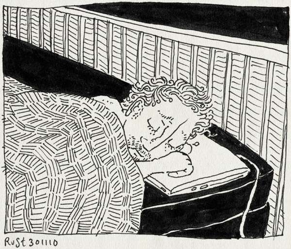 tekening 1292, loopjesdenken, onrustig, repeditive brain syndrome, slaap, slecht, wakker, werk