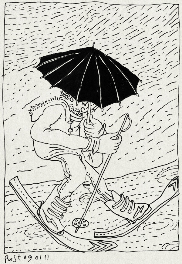 tekening 1332, heenreis, paraplu, rain, regen, ski, skien, umbrella, vallandry