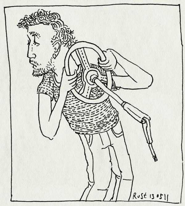 tekening 1455, auto, autopech, garage, kapot, saab, sturen, stuur, stuurwiel, ture