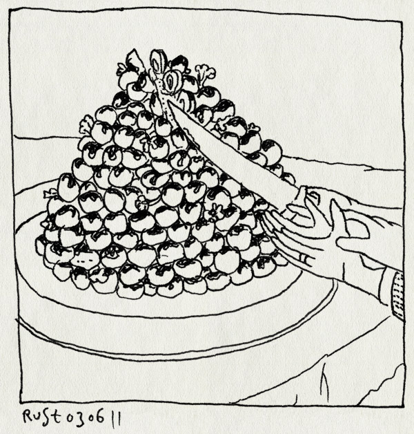 tekening 1476, aansnijden, arjan benning, berg, huwelijk, judithm trouwerij, profiterolles, profiterollesberg, taart