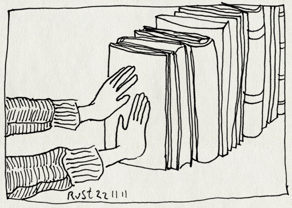 tekening 1643, boeken, boekensteun, handen, steunbeer