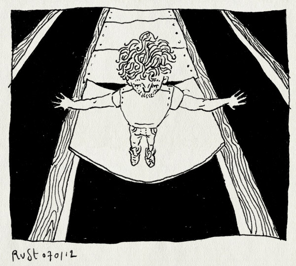 tekening 1689, balanceren, balken, burorust, eng, hok dorien, hoogtevrees, planken, recensiekoning, slopen, vallen