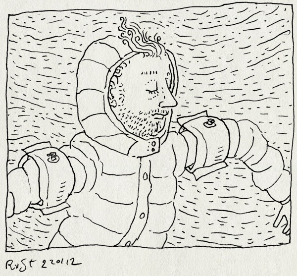 tekening 1703, jas, regen, strand, tegenwind, vleugeltjes, wind, winter, zwembandjes