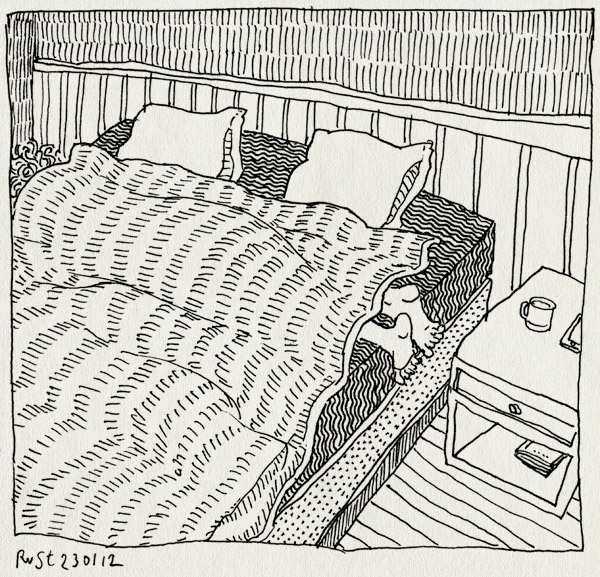 tekening 1704, alleen, bed, dekbed, maassttraat, overdwars, thuis, voeten