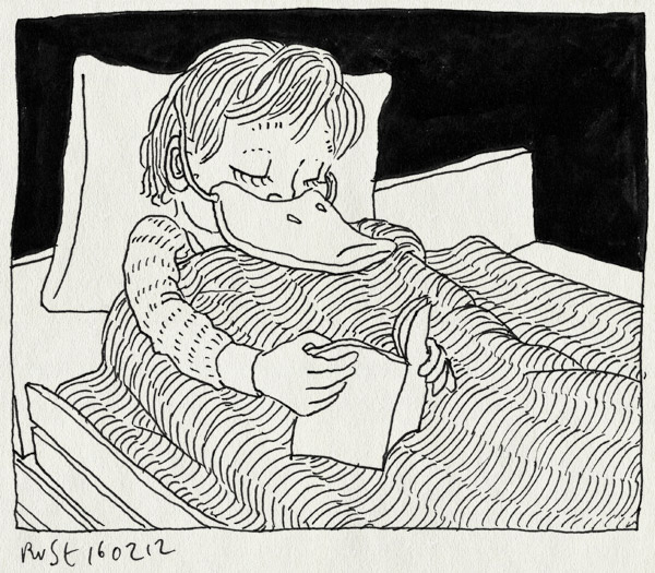 tekening 1728, bed, bedankt, donald duck, duckies, flo, floor, lezen, midas, snavel