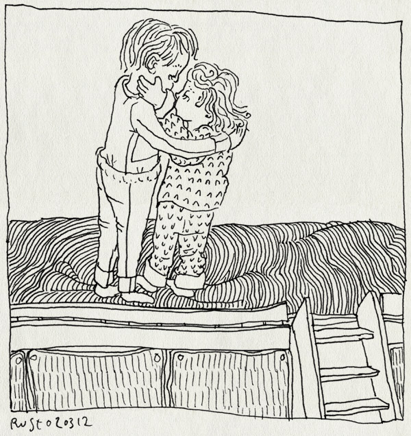 tekening 1743, alwine, bed, broer, dekens, hoogslaper, knuffelen, ladder, lief, midas, zus