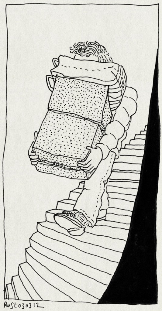 tekening 1744, blind, dozen, gevaarlijk, kijken, stapels, trap