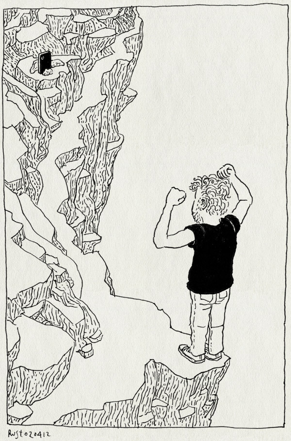 tekening 1774, afgrond, iphone, kloof, la cenicera, rennen, wandelen, zelfportret