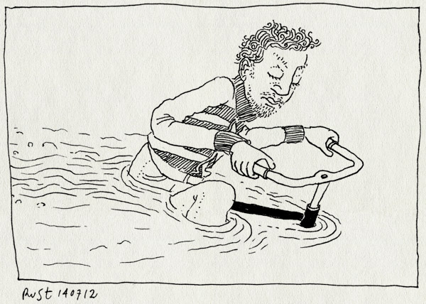 tekening 1877, 2012, fiets, nat, plas, ploeteren, regen, verregend, zomer