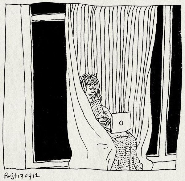 tekening 1880, afgeschermd, gordijn, huisjetoren, hut, kamertje, maasstraat, martine, thuis, werk