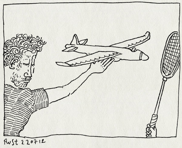 tekening 1885, badmintonracket, midas, park, spelen, vliegtuig