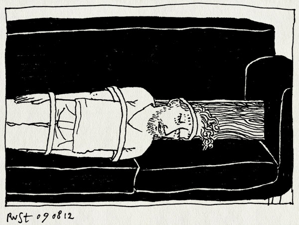 tekening 1903, bank, liggen, nekpijn, plank, rugpijn, stijve nek, vastgesnoerd, verrekt