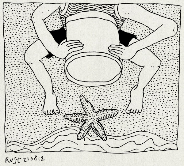 tekening 1915, alwine, emmertje, paal17, strand, texel, vakantie2012, vangen, zee, zeester