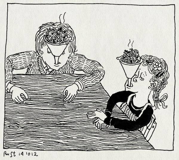 tekening 1969, alwine, avondeten, dwangvoeding, eten, fois gras, genoeg, heropvoeden, midas, opvoeden, opvoeding, tafel, trechter, voeding