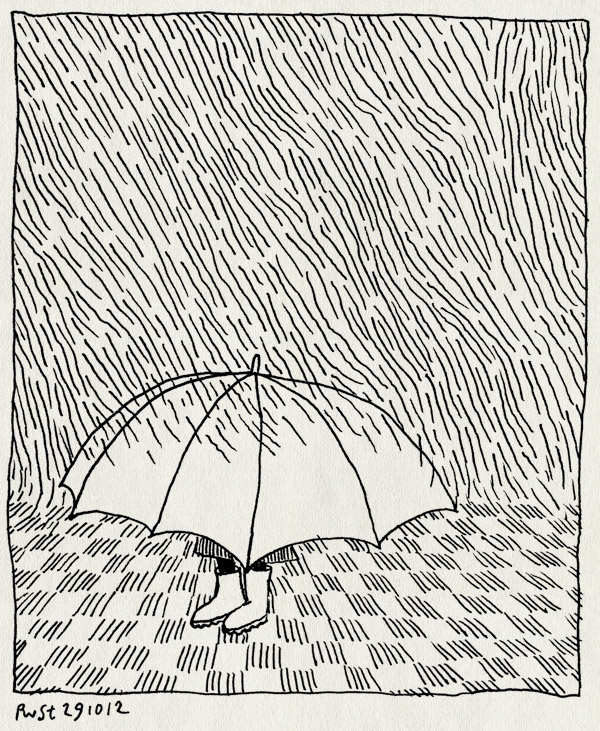tekening 1984, alwine, laarsjes, paraplu, regen, stoep, verstopt