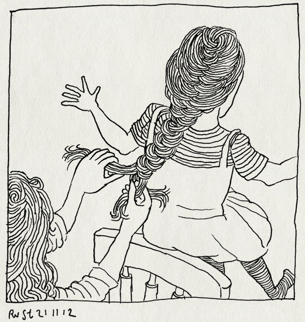 tekening 2007, alwine, dochter, haar, invlechten, martine, moeder, stoel, vlecht, vlechten