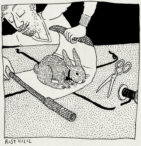 tekening 2027, 4 cadeautje, alwine, inpakken, jarig, konijn, konijnenpak, lint, pakpapier, schaar, strik