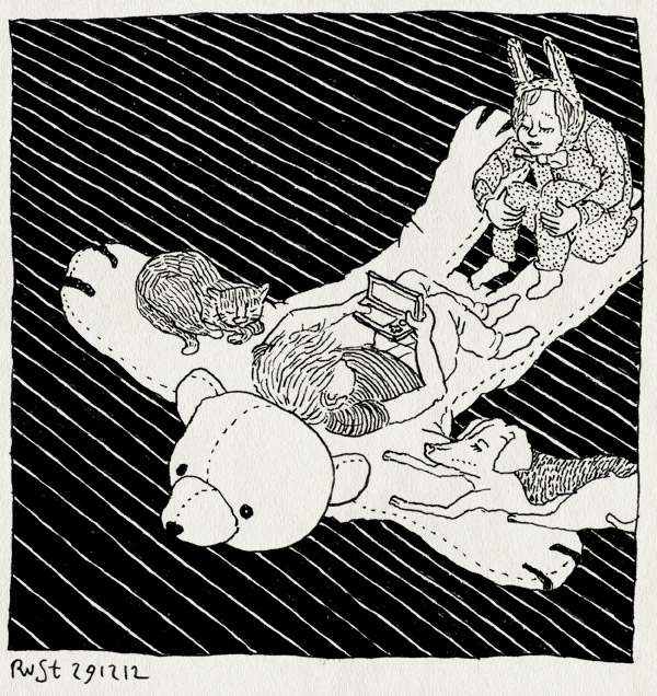 tekening 2045, alwine, beer, grond, hond, janine, kat, konijnenpak, lois, luieren, midas, nintendo 3ds, poes, vakantie, westeremden