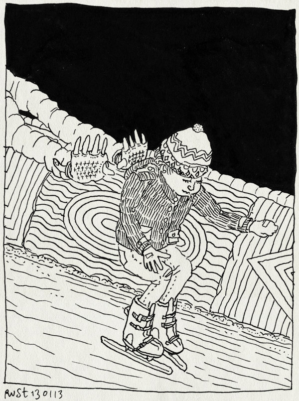 tekening 2060, amsterdam, boarding, duwtje, eerste keer, jaap edenbaan, koud, midas, muts, schaatsbaan, schaatsen