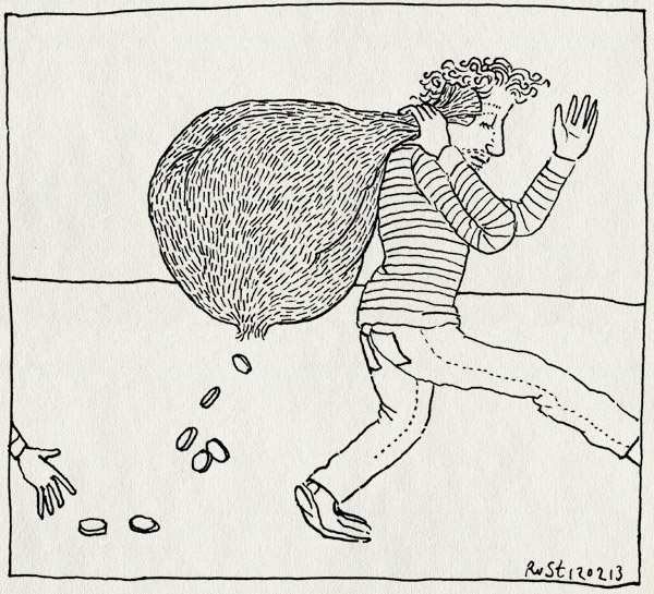 tekening 2090, belastingen, centen, geld, lekken, munten, oprapen, serdal, zak