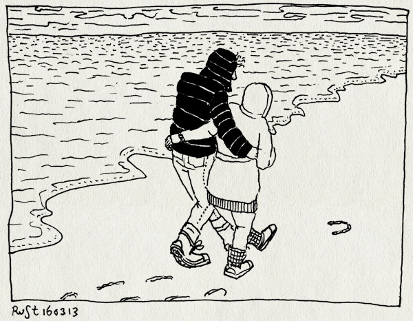 tekening 2122, hoefijzer, horizon, martine, paal17, ruben, strand, texel, wandelen, wolken, zee