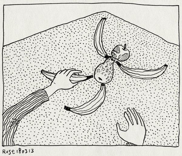 tekening 2124, appel, banaan, fruit, hand, iseefaces, mannetje, pareidolia, peer, school, tafel