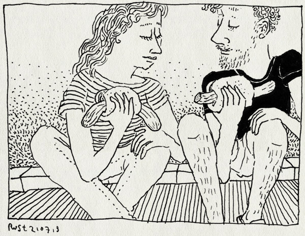 tekening 2249, bratwurst, broodje worst, duitsland, martine, oostenrijk, pauze, raststaette, roadtrip, stoepje, terugweg, vakantie2013, zitten