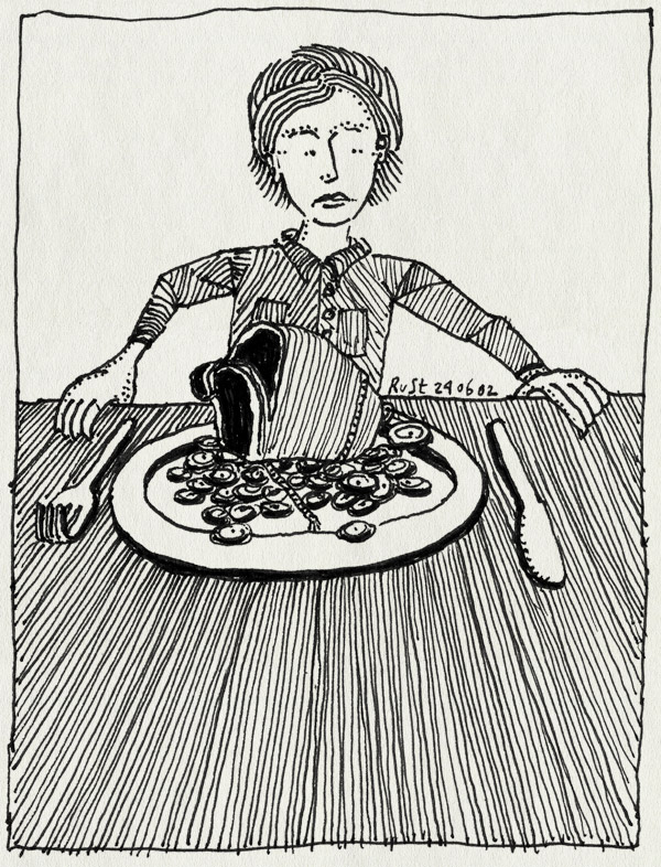 tekening 23, biefstuk, homp, mes, veel, vegetarier, vlees, vork