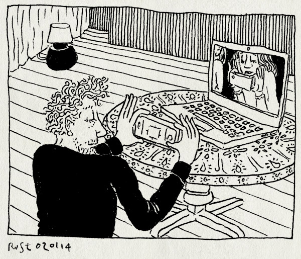 tekening 2414, computer, foto, martine, moltalk, ploggen, simultaan, thuis, wie is de mol