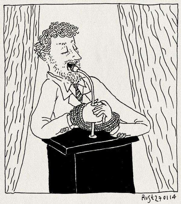 tekening 2439, affiche, bellevue. de eerste vrouw, geboeid, handboeien, katheder, los, microfoon, speech, spreekgestoelte, vast, vastgebonden