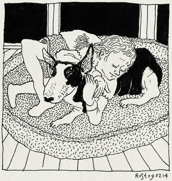 tekening 2452, alwine, bullterrier, hond, hondenmand, knuffelen, mand, maud, patty, pixie, ties, verjaardag