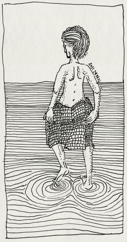 tekening 25, handdoek, pootjebaden, vlecht, water