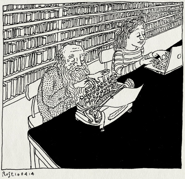 tekening 2512, baard, boekenkast, man, martine, oude schrijver, podium, schrijfmachine, schrijven, typemachine, zolder