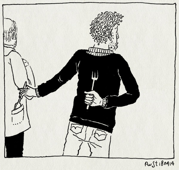 tekening 2520, bestek, floor, grap, hanco kolk, lambiek, lepel, maaike, stelen, striptekenaars, thai corner, vork