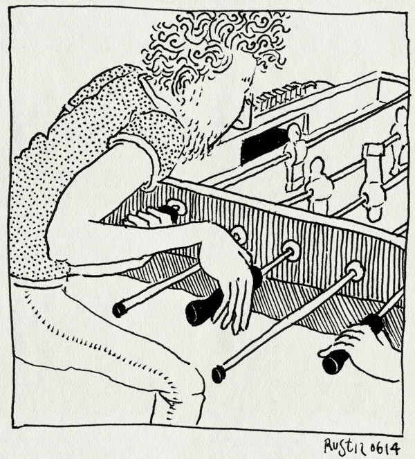 tekening 2575, burorust, fanatiek, foosball, nh49, pauze, tafelvoetbal, werk