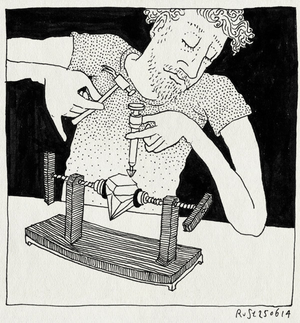 tekening 2588, diamant, hamer, houweel, spark, steen, werk, werktafel