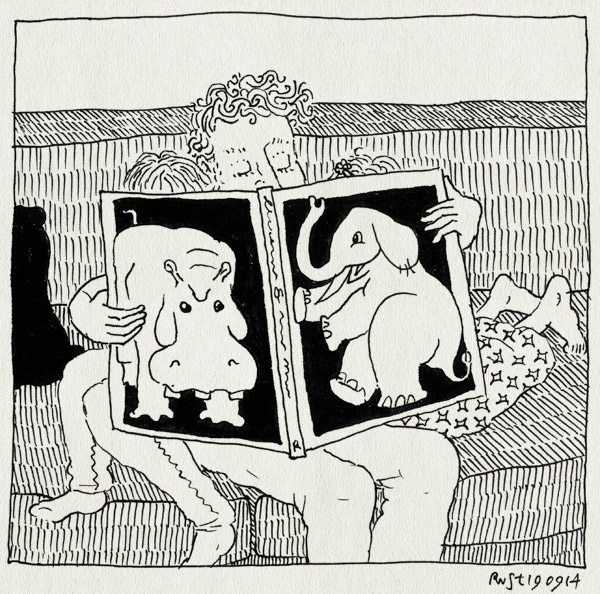 tekening 2674, alwine, bedenken, blije olifant, boze nijlpaard, kammen, midas, verhaal, voorlezen, zelfverzonnen